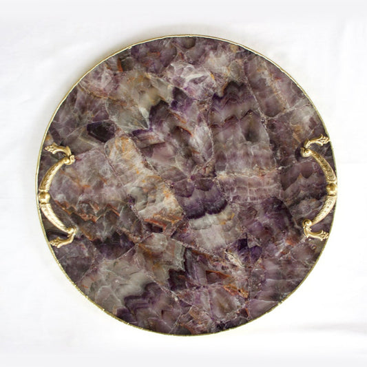 Amethyst Agate Serving Tray With Brass Handles | Circular
