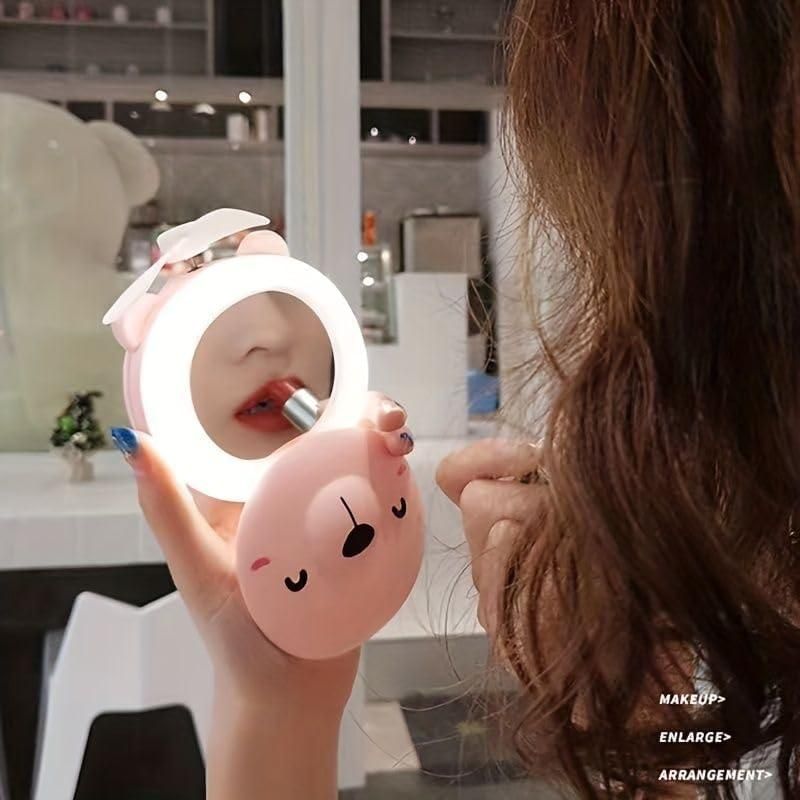 Cartoon Cute Pig LED Lights Mirror Pocket Fan