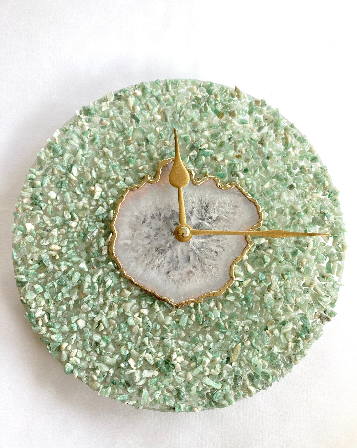 10" Diameter Large Light Green Crystal With White Agate Wall Clock